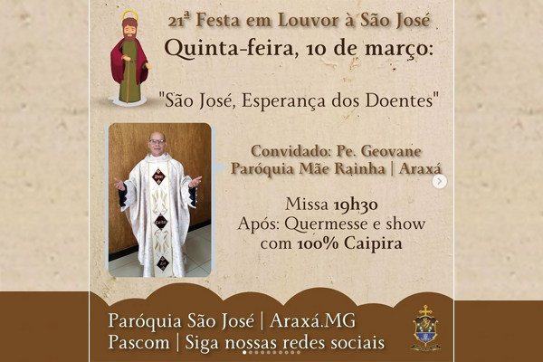 Festa da Igreja de São José, em Araxá terá missas e bingo em dinheiro na programação