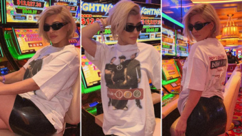 Kourtney Kardashian vai a Las Vegas de minissaia de couro e camiseta da banda do marido operado e assusta fãs com frase sobre drogas