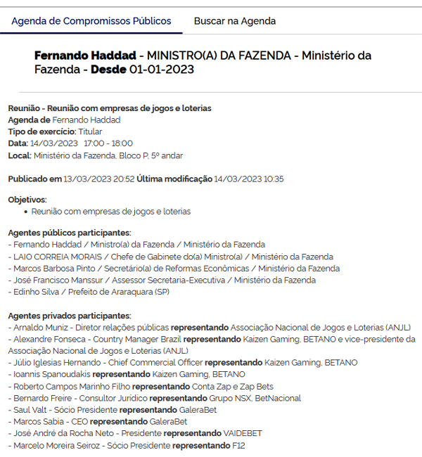 Fernando Haddad se reúne com representantes de empresas de apostas
