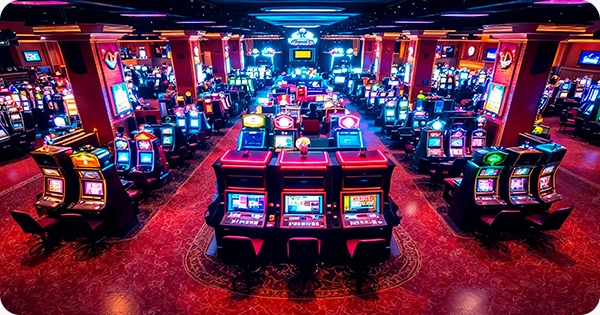 Salão de cassino com diversas máquinas caça-níqueis iluminadas e coloridas