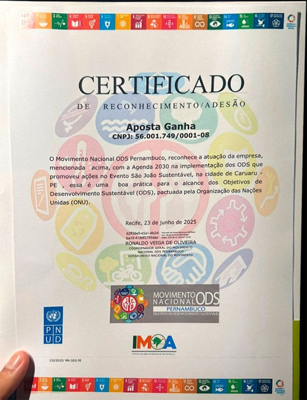 Aposta Ganha recebe certificado de reconhecimento e adesão pelo trabalho no São João Sustentável em Caruaru, Pernambuco 1