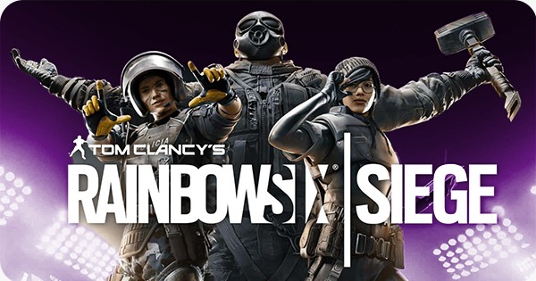 logo do jogo Rainbow Six/ torneio de e-sports com times jogando raibow six