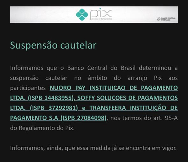 Banco Central suspende arranjo de Pix de seis instituições de pagamentos 1