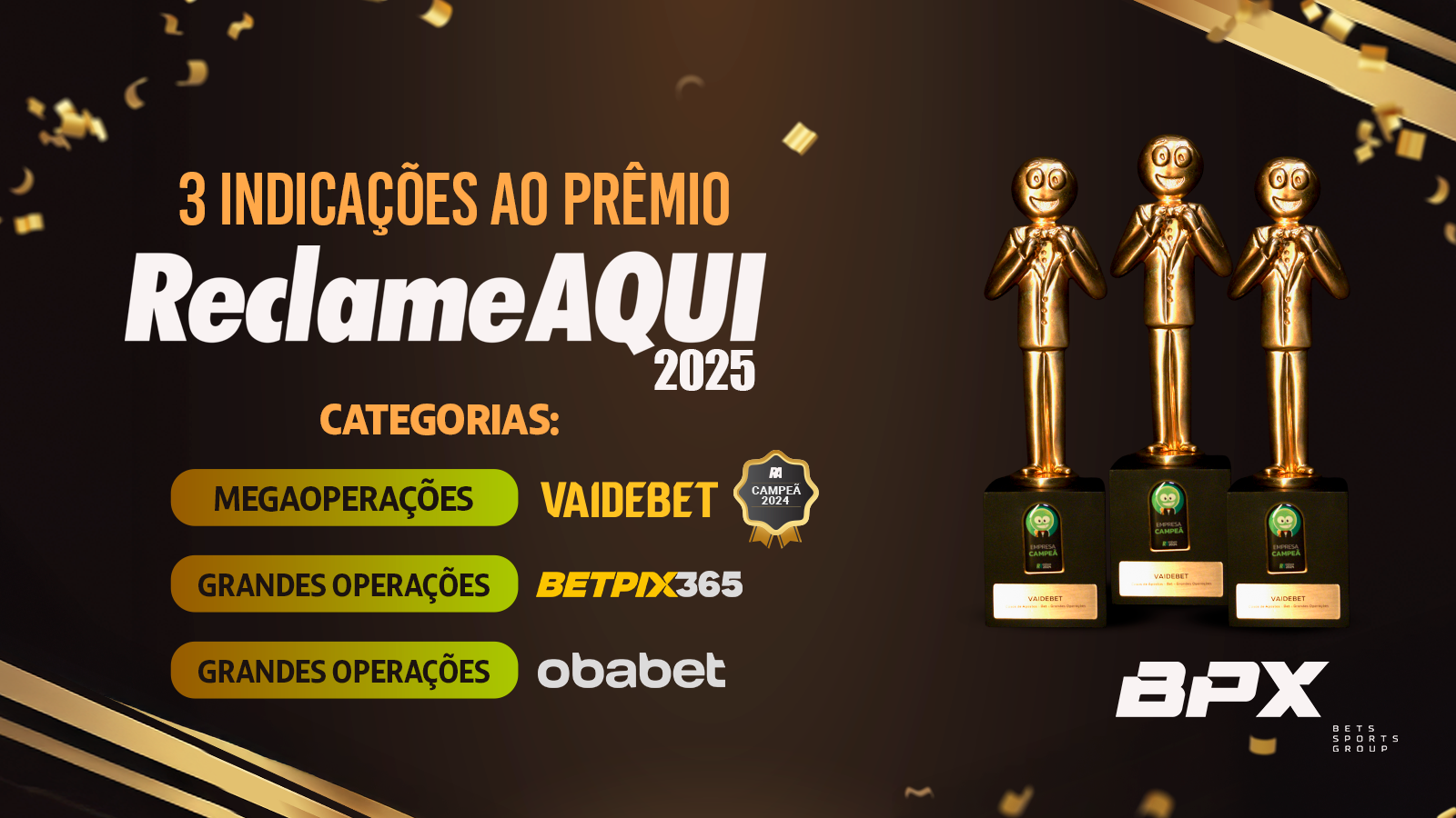 BPX Group tem Vaidebet, Obabet e Betpix365 indicadas ao Prêmio ReclameAQUI 2025