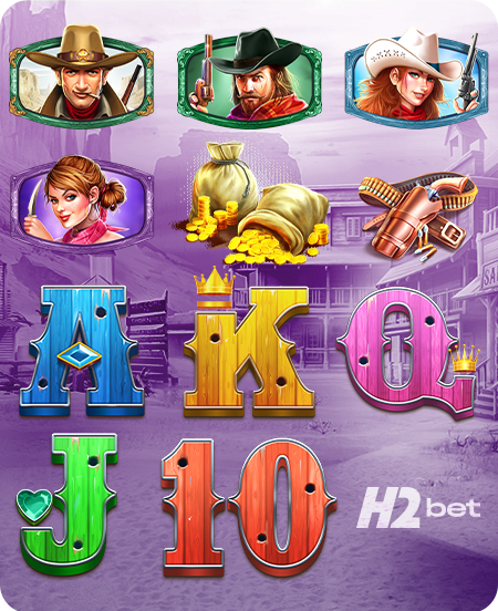 Símbolos de pagamento do jogo de slot Wild West Gold. Inclui símbolos de alto valor: quatro personagens do Velho Oeste (xerife, pistoleiro, cowgirl, mulher com faca), sacos de moedas de ouro e um coldre com revólver. Símbolos de baixo valor: as letras A, K, Q, J e o número 10, estilizados em madeira colorida. Fundo com cenário de cidade do Velho Oeste.