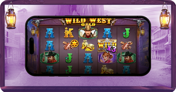 página inicial do jogo Wild West Gold, com uma grade de 5 bobinas por 4 linhas e símbolos pagantes