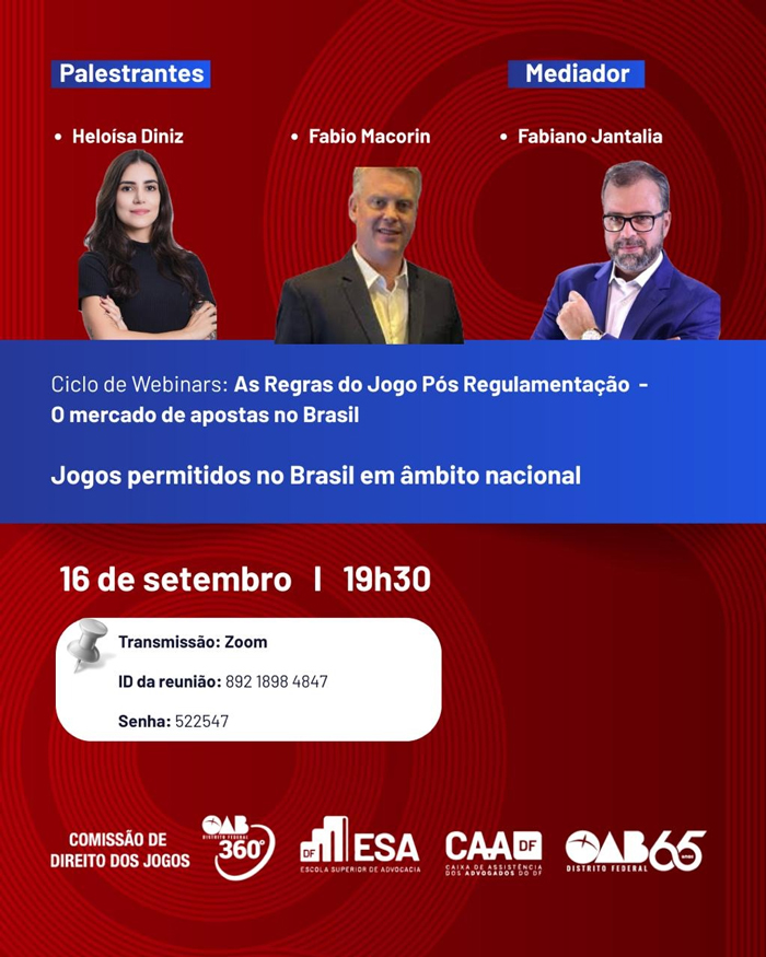 Comissão de Direito dos Jogos da OAB/DF realiza segundo webinar sobre regulamentação