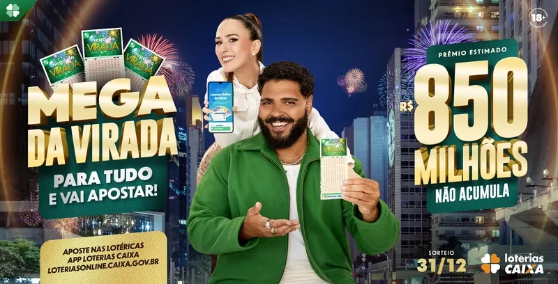 Mega da Virada 2025 lança campanha com Paulo Vieira e Tatá Werneck e promete maior prêmio da história