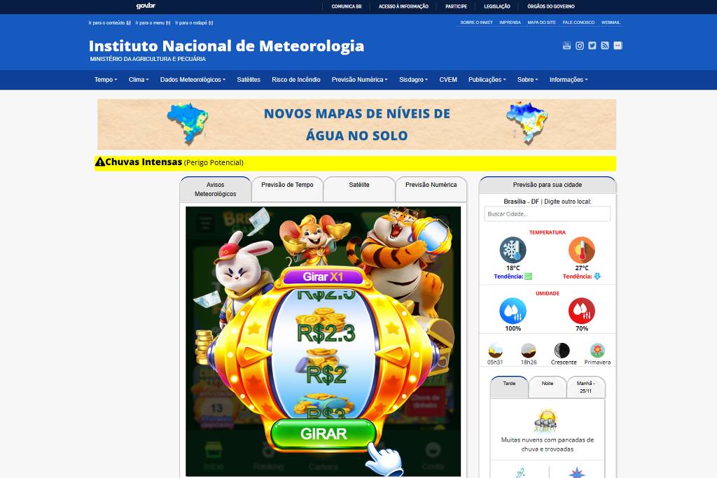 Site do Inmet, do governo federal, exibe propaganda do 'jogo do tigrinho'