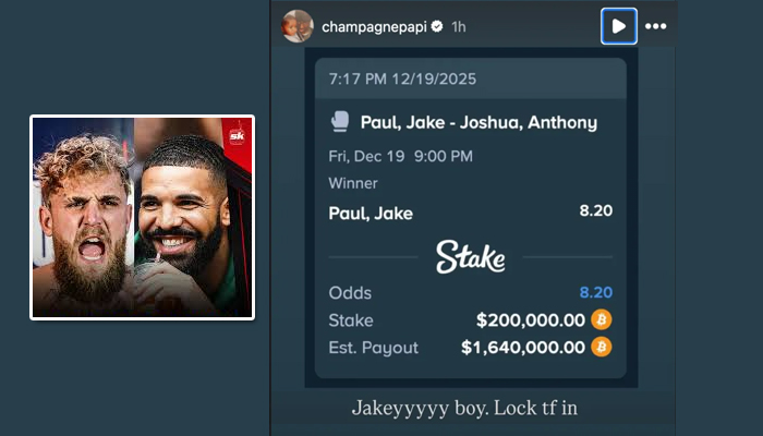 Drake perde US$ 200 mil apostando na vitória de Jake Paul sobre Anthony Joshua