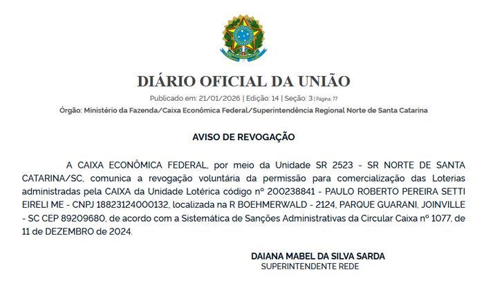 Caixa revoga 23 permissões lotéricas no mês de janeiro de 2026