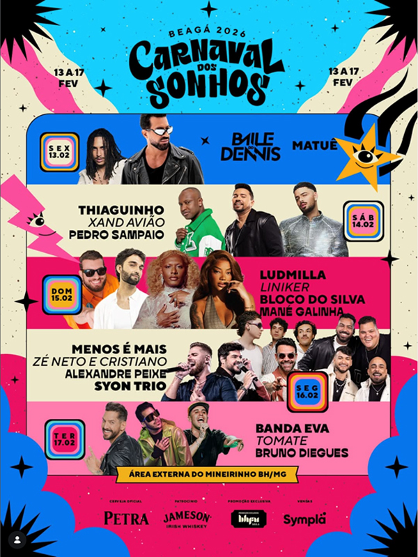 Com promoção do SeuBet, Carnaval dos Sonhos, em BH, terá cinco dias de atrações musicais no Mineirinho 1