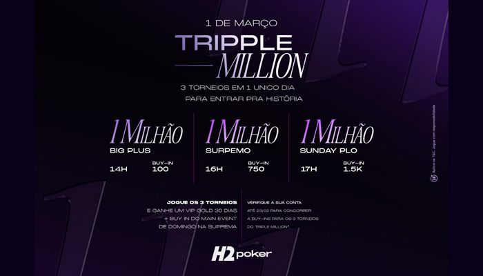 No domingo (1), Triplle Million do H2Poker vai distribuir R$ 3 milhões garantidos em três torneios
