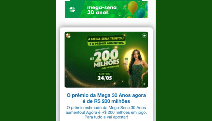 Prêmio da Mega-Sena sobe para R$ 200 mi em concurso de 30 anos da loteria no país