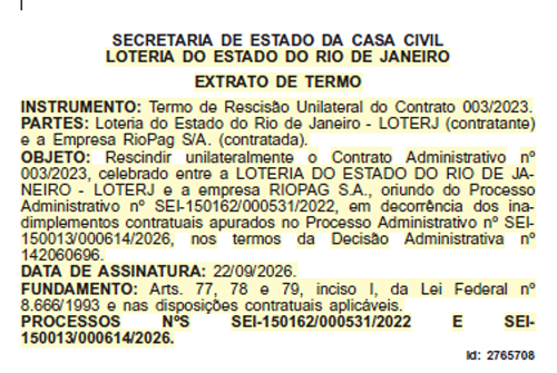 Loterj rescinde contrato com RioPag e cobra R$ 9,4 mi da empresa