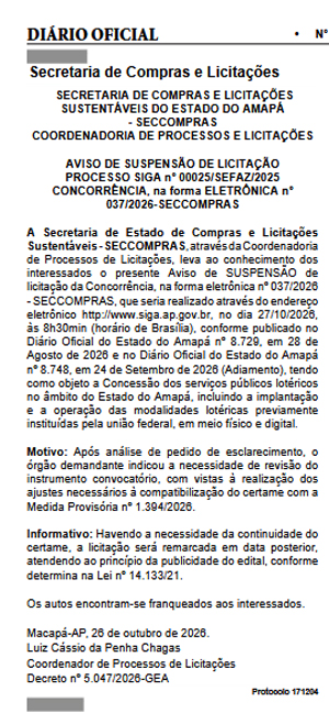 Amapá suspende licitação da loteria estadual para adequar edital à MP das bets