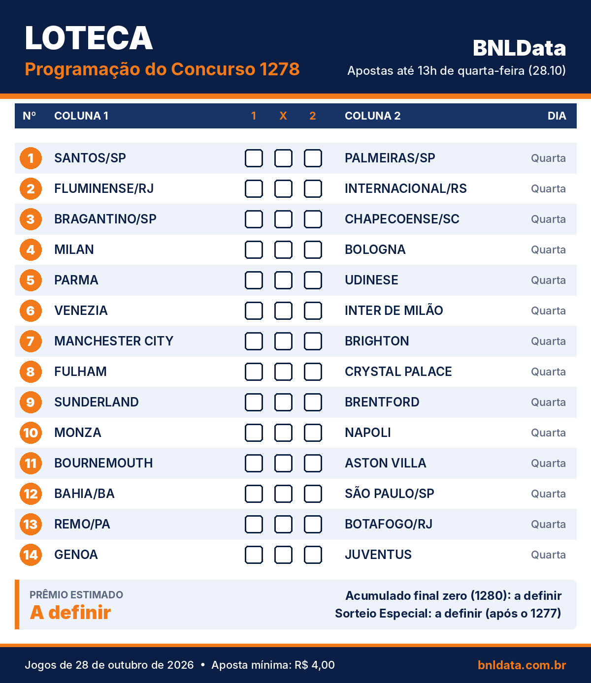 Confira a programação do Concurso 1278 da Loteca 1